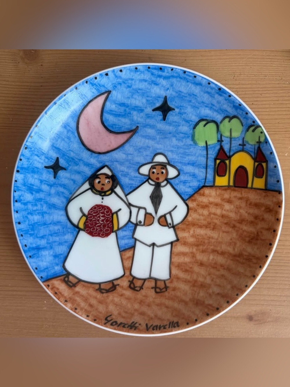 Yoretti Varella Hand-Painted Ceramic Plate Wedding Couple Brazilian folk art